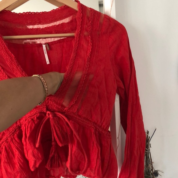 Free people red lac& crochet boho tassel crop top - Picture 5 of 7